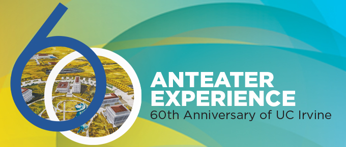 Anteater Experience exhibit graphic showing 60th anniversary logo and concept painting of UC Irvine painting