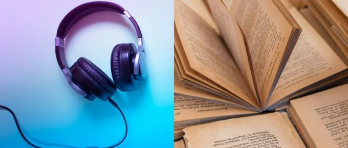 Audio headphones and open hardcover book